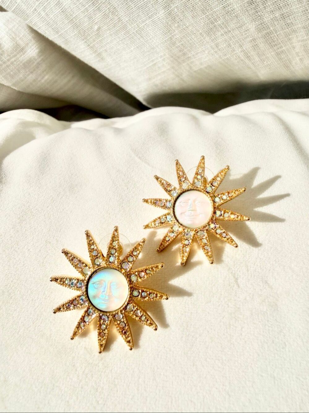 Gold Celestial Sun Face Statement Earrings Iridescent Crystal Rhinestone
